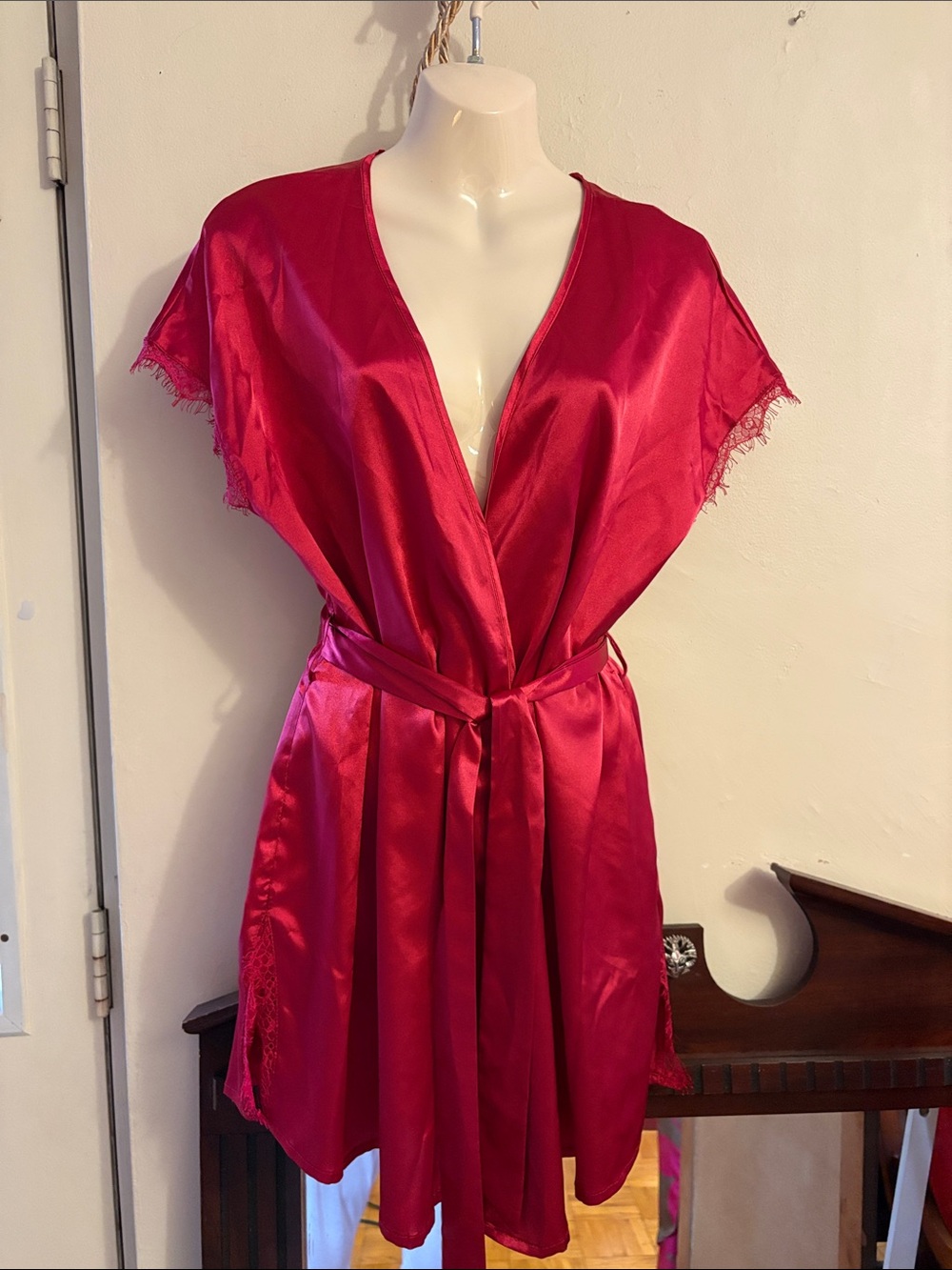 Women's Red Satin Lace-Trim Wrap Robe with Waist Tie